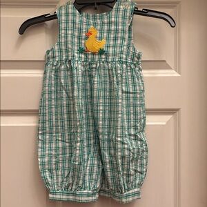 Vintage Kelly's Kids Romper green and white with embroidered duck sz 2 girls